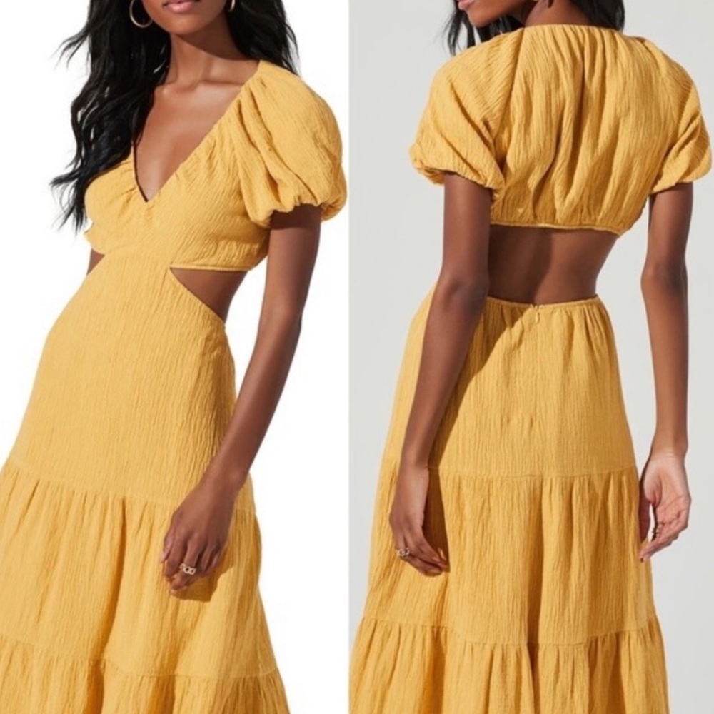 ASTR The Label Mustard Puff Sleeve Cutout Gauze Peasant Midi Dress